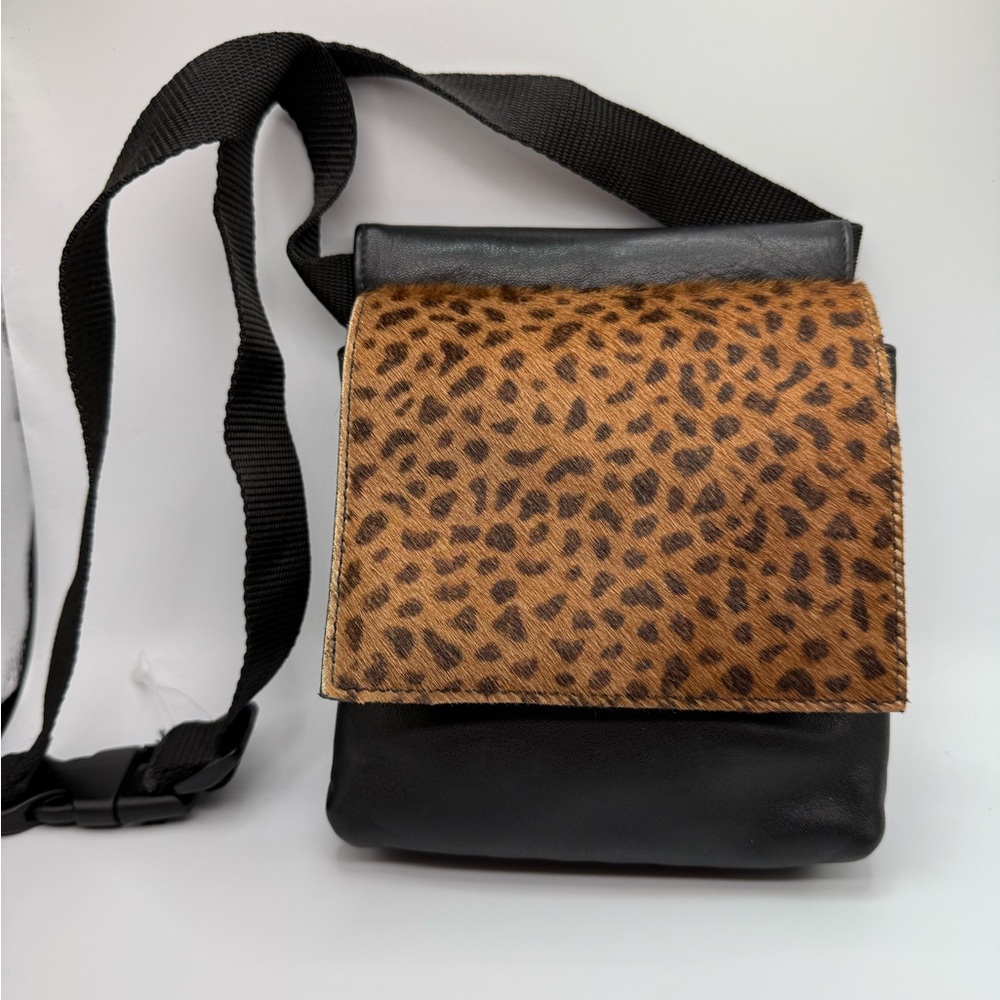 Zenith Leather Leopard Print and Black Messenger Bag - Never Used!